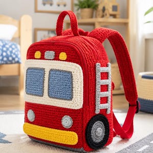 Fire Truck Kids Backpack Crochet Pattern PDF: Structured Vehicle Bag Tutorial, Zippered Novelty Design