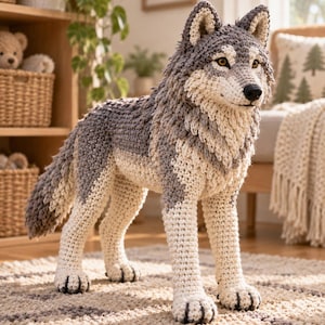 Puede incluir: Una figura de lobo tejida a ganchillo a mano con un pelaje texturizado en tonos gris, blanco y crema. El lobo tiene orejas puntiagudas, ojos de color ámbar, una nariz negra y cuatro patas erguidas, mostrando un trabajo de hilo muy detallado.