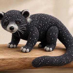 Può includere: Un peluche lavorato all'uncinetto a mano raffigurante un animale grigio scuro con macchie bianche, dotato di una lunga coda, orecchie arrotondate con bordi interni bianchi, un muso grigio chiaro, occhi marrone scuro e lunghi baffi bianchi.