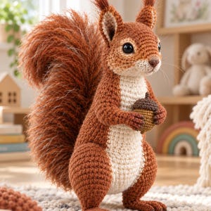 May include: A crocheted squirrel figurine featuring a textured reddish-brown body with a cream-coloured chest and belly. The squirrel has large black eyes, pointed ears with tufted tips, and a large, bushy tail, holding a small brown acorn.