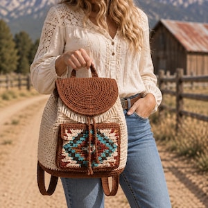 May include: A crochet backpack featuring a cream-colored main body, a dark brown circular flap with fringe, and a front pocket displaying a geometric pattern in shades of brown, turquoise, and cream. The bag includes dark brown straps and a drawstring.