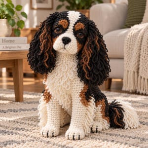 Könnte beinhalten: Ein handgefertigtes Häkel-Stofftier in Form eines Cavalier King Charles Spaniels. Das Plüschtier zeigt ein dreifarbiges Muster aus schwarzem, weißem und hellbraunem Garn mit langen, lockigen Ohren, einem weißen Streifen im Gesicht und großen, braunen Augen.