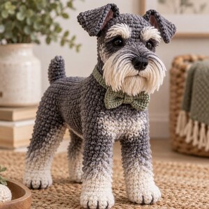 May include: A crocheted Schnauzer dog figurine featuring dark gray fur on the back and head, transitioning to lighter gray and white on the legs and face. The dog has a prominent white beard, black eyes, and wears a sage green crocheted bow tie.