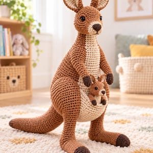 Puede incluir: Un peluche de canguro tejido a ganchillo en colores marrón y crema, que presenta un canguro grande con una bolsa que contiene un canguro bebé más pequeño. Ambas figuras tienen narices de color marrón oscuro, ojos oscuros y pies y manos oscuros.