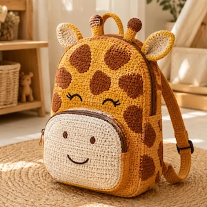 Peut inclure: Un sac à dos en crochet représentant une girafe, avec un motif à taches jaunes et brunes, deux petites oreilles et deux ossicones sur le dessus. La poche avant est de couleur crème avec un visage brodé, incluant deux yeux et une bouche.