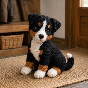 May include: A crocheted stuffed animal in the likeness of a Bernese Mountain Dog puppy. The toy features black, white, and tan yarn, with a white blaze on the face, white paws, and a black nose. The puppy has dark brown eyes and a curled tail.