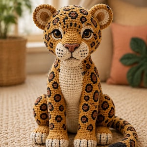 Leopard Cub Crochet Pattern, Seated Amigurumi Wildlife Sculpture PDF