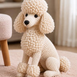 May include: A cream-colored crochet poodle toy featuring a textured bobble stitch pattern on the head, chest, and leg cuffs. The stuffed animal has a smooth crocheted body, dark plastic eyes, and a black stitched nose, sitting in a classic pose.
