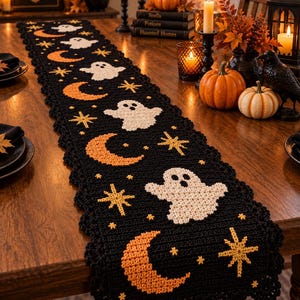 Halloween Crochet Table Runner Pattern, Ghost Crescent Moon Applique, Spooky Dining Decor PDF