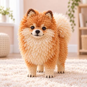 Puede incluir: Una figura de perro Pomerania tejida a ganchillo a mano con un pelaje texturizado y esponjoso en tonos naranja y crema. El juguete de peluche tiene orejas de color marrón oscuro, ojos de cuentas negras, nariz cosida negra y cola rizada.
