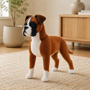 Op de afbeelding: Een gehaakt Boxer-hondfiguurtje met een bruine vacht, een witte borst, witte pootjes en een zwarte snuit. Het knuffeldier is gemaakt met zichtbare garensteken en staat in een klassieke houding met puntige oren en donkere ogen.
