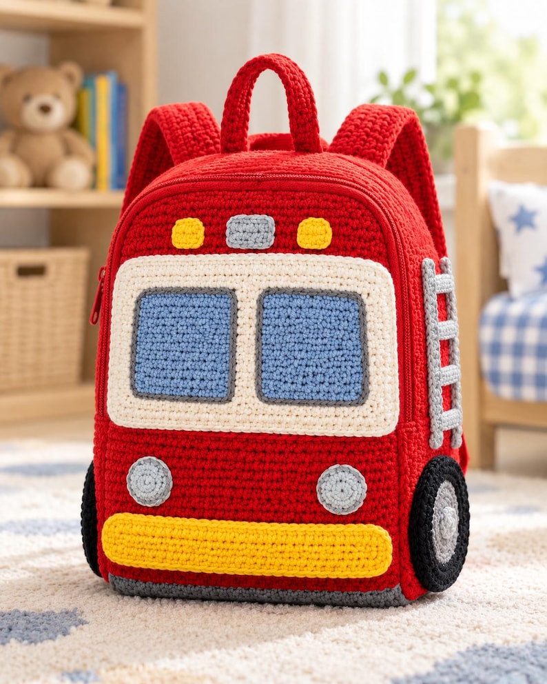 Fire Truck Kids Backpack Crochet Pattern PDF: Structured Vehicle Bag ...