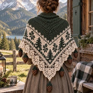 May include: A triangular crochet shawl featuring a dark forest green top section and a cream-colored lower border with intricate pine tree and snowflake motifs. The edges are finished with a delicate lace pattern and dangling brown pinecone charms.