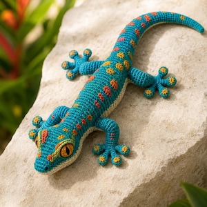 Puede incluir: Una figura de gecko tejida a ganchillo con un cuerpo de color verde azulado vibrante y manchas naranjas y amarillas a lo largo del lomo y la cola. La criatura tiene ojos grandes y detallados, un vientre claro y cuatro patas extendidas con almohadillas.