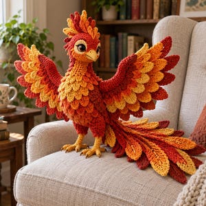 Könnte beinhalten: Ein gehäkeltes Phönix-Stofftier mit leuchtend roten, orangen und gelben Garnfedern. Der Vogel hat große dunkle Augen, einen hellgelben Schnabel und gelbe Krallen. Die Flügel sind weit ausgebreitet und er hat einen langen, geschichteten Schwanz.