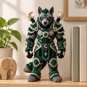 May include: A crochet wolf figure wearing dark green and grey armor with cream-colored trim. The figure features glowing green eyes, a central green gem on the chest, and two curved cream-colored blades mounted on the back shoulders.