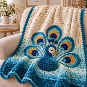 May include: A cream-colored crochet blanket featuring a large, three-dimensional peacock motif in the center. The peacock is crafted in shades of dark blue, light blue, and yellow, with a textured body and fanned tail feathers against the cream background.