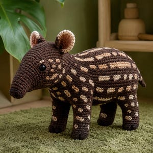 Puede incluir: Un tapir de ganchillo, peluche con cuerpo marrón oscuro decorado con manchas y rayas de color beige claro. El juguete tiene un hocico largo, orejas pequeñas y redondeadas con detalles claros en el interior y ojos de cuentas negras.