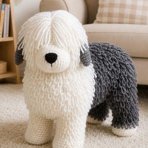 Virkmönster för gammal engelsk fårhund, stående raggig amigurumi PDF, handledning för realistisk bobtailplysch