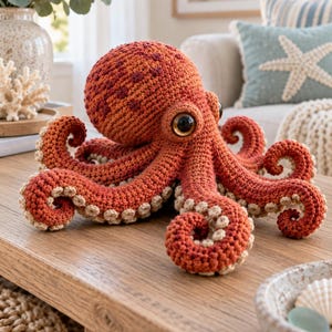 Puede incluir: Un peluche de pulpo tejido a ganchillo en un color naranja quemado profundo con una superficie texturizada. El pulpo presenta una cabeza grande y redondeada, ocho tentáculos rizados con pequeñas ventosas circulares beige y ojos oscuros.