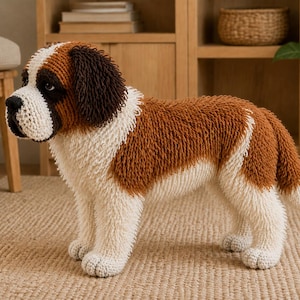 Peut inclure: Une figurine de chien Saint-Bernard crochetée avec une finition en fil texturé et ébouriffé dans des tons marron, blanc et marron foncé. Le jouet en peluche présente un museau blanc distinct, des oreilles marron foncé et un corps bicolore.