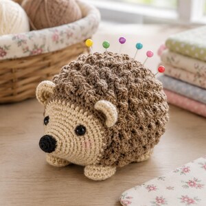 May include: A crochet hedgehog pincushion with a textured brown back and a light beige face. The hedgehog has black bead eyes, a small black nose, and pink blush details on its cheeks. Six colorful sewing pins are inserted into its back.