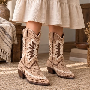 Könnte beinhalten: Ein Paar wadenhohe Cowboystiefel aus gehäkeltem Garn in Beige-, Creme- und Dunkelbrauntönen. Die Stiefel haben eine spitz zulaufende Zehenpartie, einen gestapelten Holzabsatz und ein geometrisches, sternartiges Muster auf dem Schaft und dem Fuß.