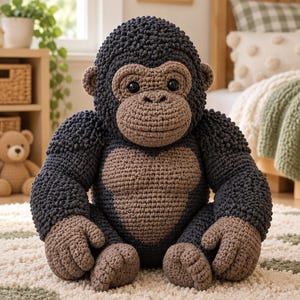 May include: A handcrafted crochet gorilla stuffed animal featuring a textured dark charcoal grey body with a contrasting light brown face, chest, hands, and feet. The gorilla has round ears, black plastic eyes, and a detailed stitched nose and mouth.