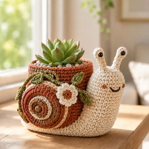 Può includere: Un coprivaso a forma di lumaca all'uncinetto con corpo color crema, occhi neri e guscio color ruggine. Il guscio è decorato con foglie verdi all'uncinetto e un piccolo fiore bianco. Una pianta succulenta verde è inserita nel guscio.
