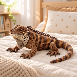 Puede incluir: Una iguana de peluche tejida a ganchillo con un cuerpo a rayas marrones y beige, una cresta dorsal texturizada, una gran papada bajo la barbilla y ojos de color marrón oscuro. El peluche tiene cuatro patas con garras y una cola larga y afilada.