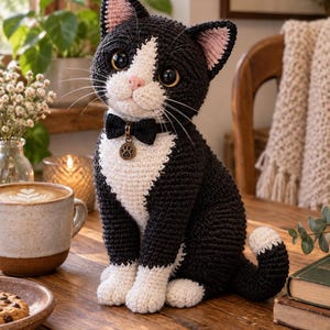 May include: A black and white crocheted cat figurine with large brown eyes, pink inner ears, and a black bow tie featuring a small bronze-colored charm with a paw print design. The cat has white fur on its chest, muzzle, and paws, with a white tip on its tail.