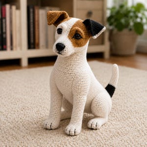 Könnte beinhalten: Eine gehäkelte Jack Russell Terrier Hundefigur mit weißem Körper, hellbraunen Flecken um Augen und Ohren, einer schwarzen Nase und einer schwarz gefärbten Schwanzspitze. Das Spielzeug ist aus sichtbaren Garnmaschen gefertigt und hat dunkle Augen.