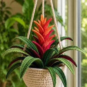 Puede incluir: Una planta bromelia tejida a ganchillo con brácteas centrales vibrantes en naranja, rojo y rosa oscuro, y hojas verdes texturizadas, dentro de una cesta colgante de ganchillo color crema con tres cordones a juego.