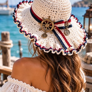 Puede incluir: Un sombrero de sol de ganchillo color crema con un ala ancha y ondulada con ribete azul marino y rojo. El sombrero está adornado con una cinta a rayas azul marino y roja, un dije de timón de barco dorado y dos pequeños colgantes de brújula.