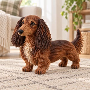 Puede incluir: Un juguete de perro salchicha tejido a ganchillo con un cuerpo largo de hilo marrón y marrón oscuro. El perro tiene orejas largas y texturizadas, una nariz negra y una mancha de color crema en el pecho. La textura del hilo es visible en todo el cuerpo, las patas y la cola.