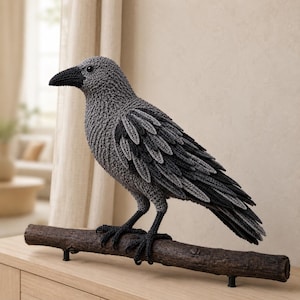 May include: A handcrafted crochet crow figurine featuring textured gray and black yarn plumage. The bird has a solid black beak and feet, and it is perched securely on a horizontal, dark brown, cylindrical wooden branch stand with small feet.