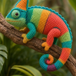 May include: A crocheted chameleon toy featuring a vibrant colour palette of teal, orange, lime green, and purple. The stuffed animal has a textured surface, a prominent crest on its head, and a long, curled tail, all crafted with detailed yarn stitches.