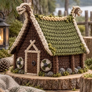 Peut inclure: Une structure de maison en crochet avec un extérieur marron foncé, un toit vert, des bordures crème et deux ornements en forme de dragon au sommet du toit. La façade présente une porte centrale, deux motifs circulaires et des pierres grises.