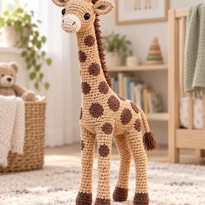 Peut inclure: Une grande girafe en crochet faite à la main, dotée d'un corps beige clair avec des taches circulaires marron foncé, un long cou, une crinière marron foncé, deux petits ossicônes sur la tête, des sabots marron foncé et des yeux noirs.