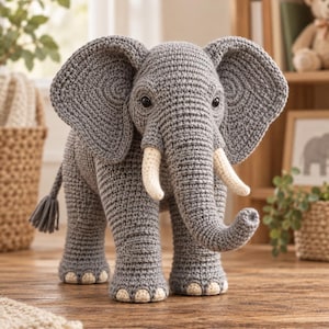 Peut inclure: Un éléphant en crochet gris doté de grandes oreilles, d'une trompe courbée vers le haut et de deux défenses couleur crème. L'éléphant a des yeux sombres et de petits détails couleur crème sur les pieds, avec un pompon au bout de la queue.
