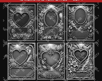 Mixed Memorial Templates Set 1, 12 Exclusive Headstone Backgrounds for Laser Photo Engraving, Six Collections PNG