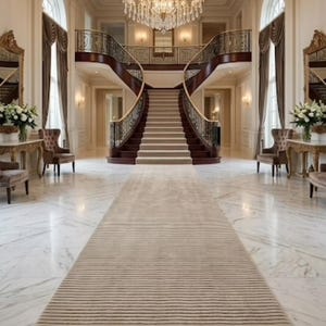 May include: A grand foyer featuring a long, beige, ribbed runner rug centred on a white marble floor. A double staircase with dark wood railings leads upwards, illuminated by a large crystal chandelier hanging from a coffered ceiling.