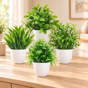 May include: A set of four artificial green plants in white pots. The collection includes a tall leafy plant, a spiky grass-like plant, a rounded shrub, and a bushy plant with small leaves, all displayed in simple, smooth, white containers.