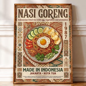 Peut inclure: Une affiche murale rectangulaire présentant une illustration centrale de Nasi Goreng, du riz frit indonésien avec un œuf au plat, des tranches de concombre, des quartiers de tomate et des chips. Le design inclut des bordures marron style batik et le texte Nasi Goreng, 1987, Made in Indonesia, Jakarta, Kota Tua.