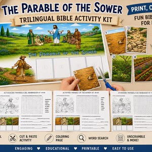 Pode incluir: Um kit de atividades bíblicas trilíngue intitulado The Parable of the Sower, contendo um grande cartaz ilustrado, cartões para recortar e três folhas de exercícios em inglês, espanhol e português. Inclui tesoura, cola e lápis de cor.