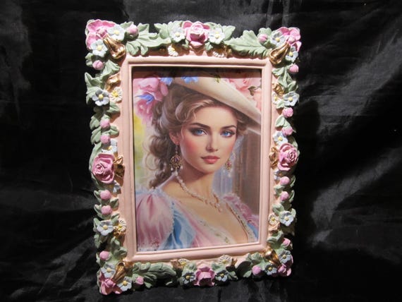 Floral PHOTO FRAME, 5" x 7" Photo, Resin, Hand Painted, Shabby Chic, Cottage, Garden frame