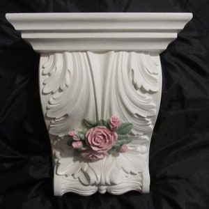 White WALL SHELF with Pink Molded Rose, Resin, Shabby Chic Decor, Cottage Decor, Pink Rose Decor, Romantic Home Decor