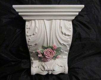 White WALL SHELF with Pink Molded Rose, Resin, Shabby Chic Decor, Cottage Decor, Pink Rose Decor, Romantic Home Decor