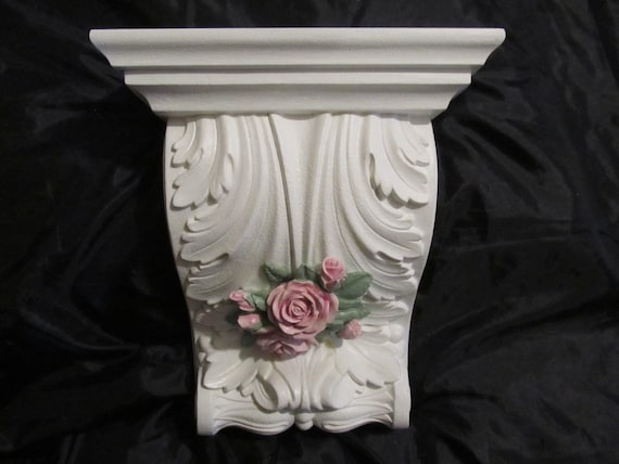 White WALL SHELF with Pink Molded Rose, Resin, Shabby Chic Decor, Cottage Decor, Pink Rose Decor, Romantic Home Decor