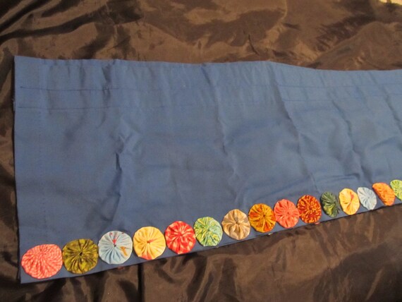 WINDOW VALANCE, Dark Blue, Single Layer,  Edged with 2" Yo-Yo's, 15"x84", Window Decor, Shabby Chic, Cottage, Victorian, Window Home Decor